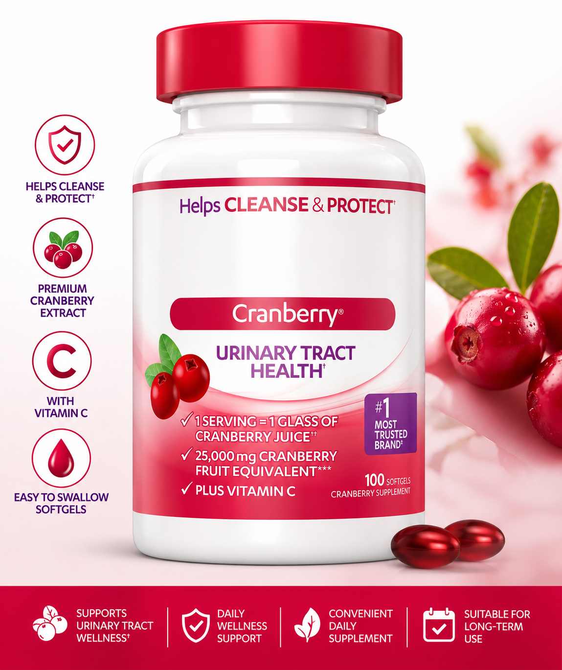 Cranberry Soft Capsules | Urinary Tract Health Support | 120 Capsules
